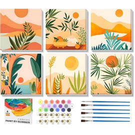 ARTOWN Pack of 6 Paint by Numbers Adult DIY Paint by Numbers Hand Painted Oil Painting Kits with Brushes and Acrylic Paints Canvas for Children Beginners Without Frame Orange Landscape 20 x 20 cm