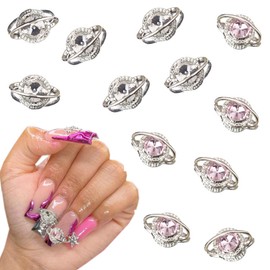 12Pcs Planet Nail Charms for Nails Pink Silver Nail Gems and Rhinestone 3D Alloy Nail Art Charms with Shiny Crystal Design Planet Nail Art Charms Nail Jewelry for Women Girls DIY Acrylic Nail Supplies
