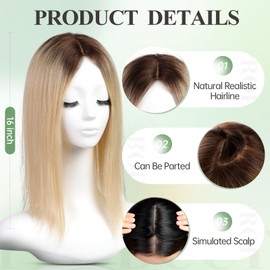 starluck 16 inch Hair Toppers for Women 9"*9" Large Base Ombre Light Blonde Real HumanHair No Bangs Hair Toppers for Women with ThinningHair Cover Grey Roots Add Volume