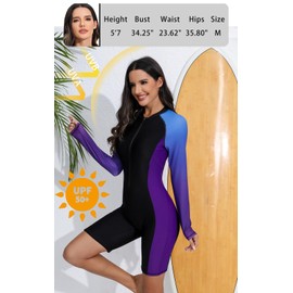 Halcurt Women's Boyleg One Piece Rash Guard with Built in Bra UPF50+ Zip Long Sleeve Full Body Modest Swimsuit Ombre Purple Black M
