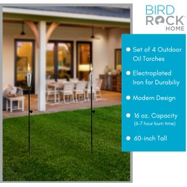 BIRDROCK HOME Outdoor Torches - Durable Construction, Modern Design, Weather Resistant, Citronella Oil Compatible, Ideal for Backyards, Patios, Pathways - Garden Silver, 4 Pack