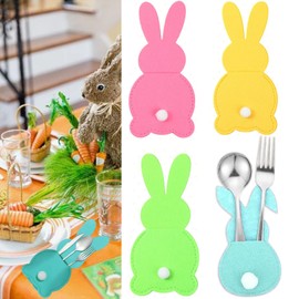 12 Pcs Easter Bunny Felt Cutlery Holder Bag Happy Easter Decorations for Rabbit Tableware Knife Fork Cover Bag Birthday Banquet Party Accessories