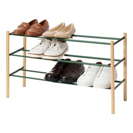 Yamazaki Home Expandable 3-Tiered Space Saving Rack, Metal Shoe Organizer for Entryway or Bedroom | Steel, One Size, Forest Green