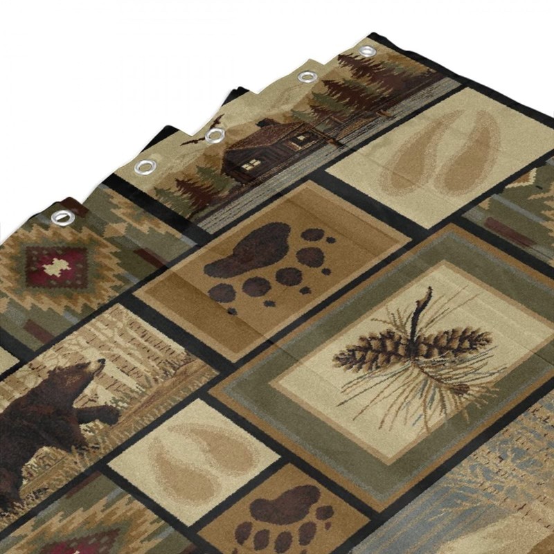 Retro Rustic Shower Curtain, Moose Deer Bear Leaf Tree Country