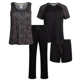 Lucky Brand Pajamas Set for Women 4-Piece Soft Sleepwear - Top, Tank, Shorts & Pants, Comfy Loungewear Pijama para Mujer, Large, Black Bandana