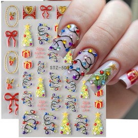 LPOODDNU Christmas Tree Light Nail Art Stickers 5D Embossed Red Bow Gold Heart Nail Decals Self Adhesive Designed Winter Nail Stickers for Women Acrylic Nails Supplies Manicure Tips Decorations