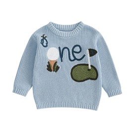 BULINGNA Baby Boy First Birthday Outfit Long Sleeve One Golf Embroideried Ribbed Knitted Fall Sweater Tops (Blue, 6-12 Months)