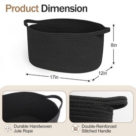 MEGASKET Black Woven Storage Basket, 17"x12"x8" Cotton Rope Baskets for Organizing Dog Toy, Gift, Book, Towel, Cloth, Shoe, Decorative Wicker Storage Bin for Shelves, Closet, Bathroom, Living Room
