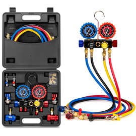 VIVOHOME HVAC 4 Way Manifold Gauge Set with R134a R1234yf Quick Couplers and Can Taps, Automotive Residential AC Gauges for R134a R410a R22 R32 R1234yf Refrigerant, Car Freon Charging & Evacuation