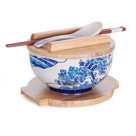 Happy Sales, Japanese Kamameshi Vintage Style Rice Noodle Ramen Bowl with Bamboo Lid Trivet Chopsticks and Porcelain Spoon Bowl Set (BlueWave)