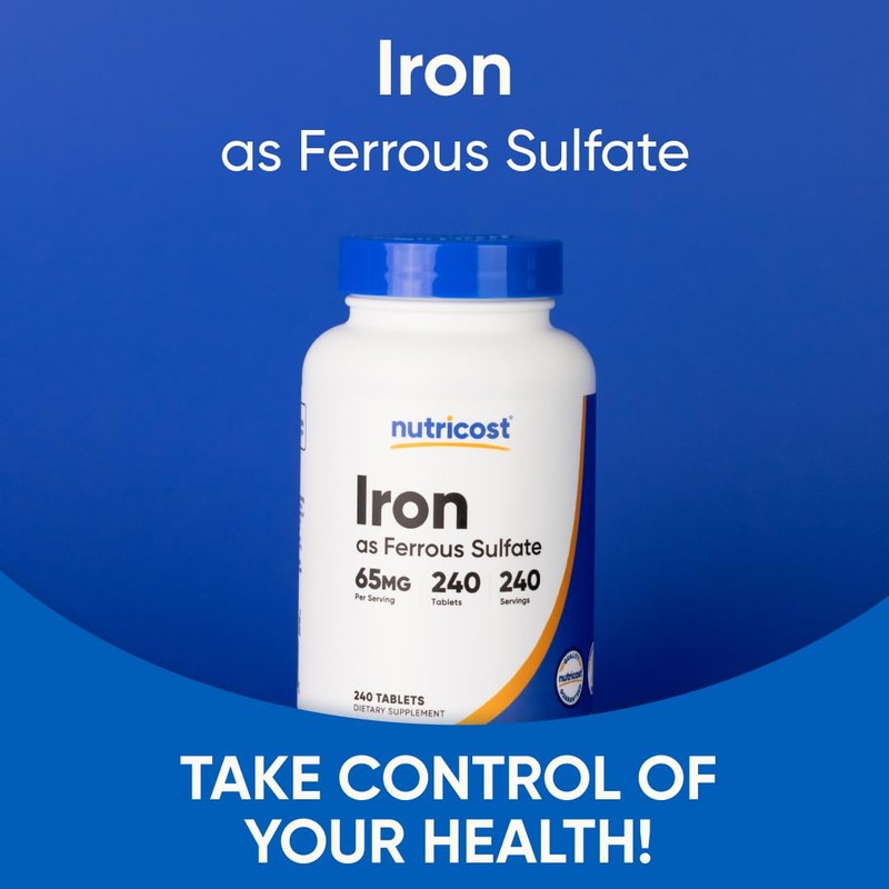 Nutricost Iron (As Ferrous Sulfate) 65mg, 240 Tablets - Non-GMO,
