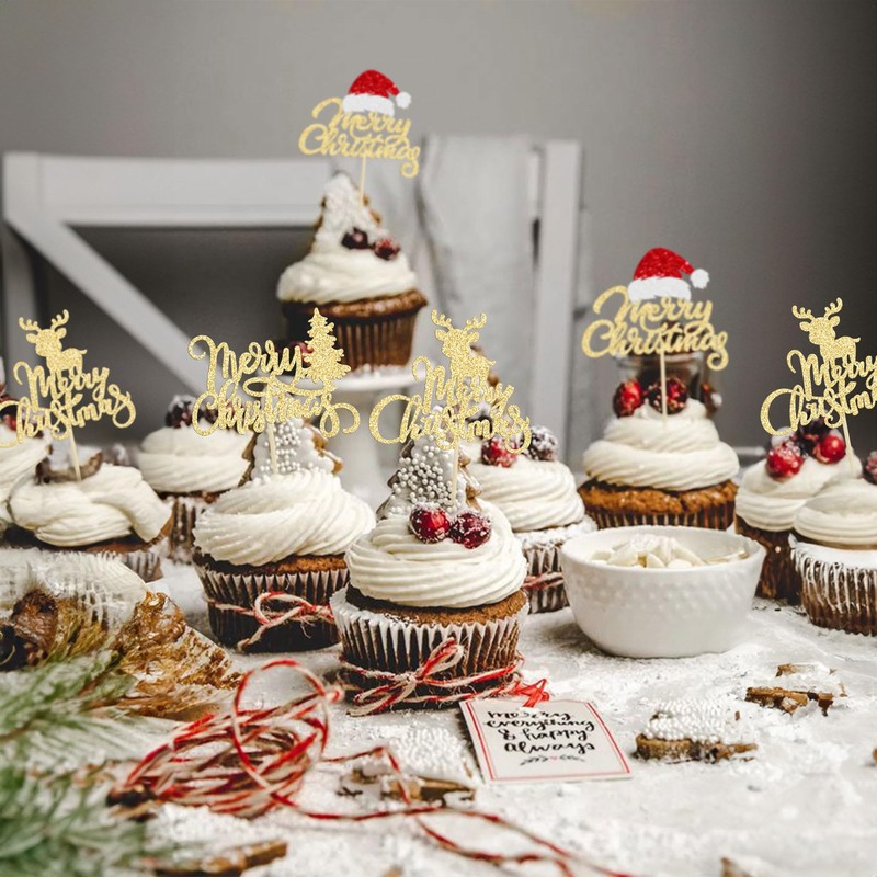 Gyufise 24Pcs Merry Christmas Cupcake Toppers Glitter Xmas Tree Santa