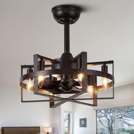 Curve Curio 18 Inch 6-Lights Black Caged Ceiling Fan with Light, Retro Industrial Enclosed Modern Ceiling Fans with Remote Control, 6-Speed Farmhouse Ceiling Fan with Remote for Bedroom Living Room