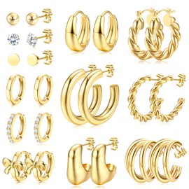 Besteel 12 Pairs Chunky Gold Hoop Earrings Set for Women Trendy, Hypoallergenic Stainless Surgical Steel 14K Gold Plated Stud Huggie Earring Stacks Pack Jewelry for Sensitive Ears Chunky Pack