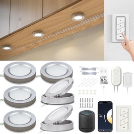 Smart Under Cabinet Lights Plug In, 6 Pack LED Puck Lights with App and Remote Control, CCT Tunable 2700K-7000K, Compatible with Alexa and Google Home, Dimmable Wired Lighting Kit for Kitchen,CRI 90+