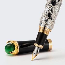 Jinhao - Pluma estilográfica de dragón de plata antigua, punta extrafina, color verde perla brillante, joyería con estuche para pluma
