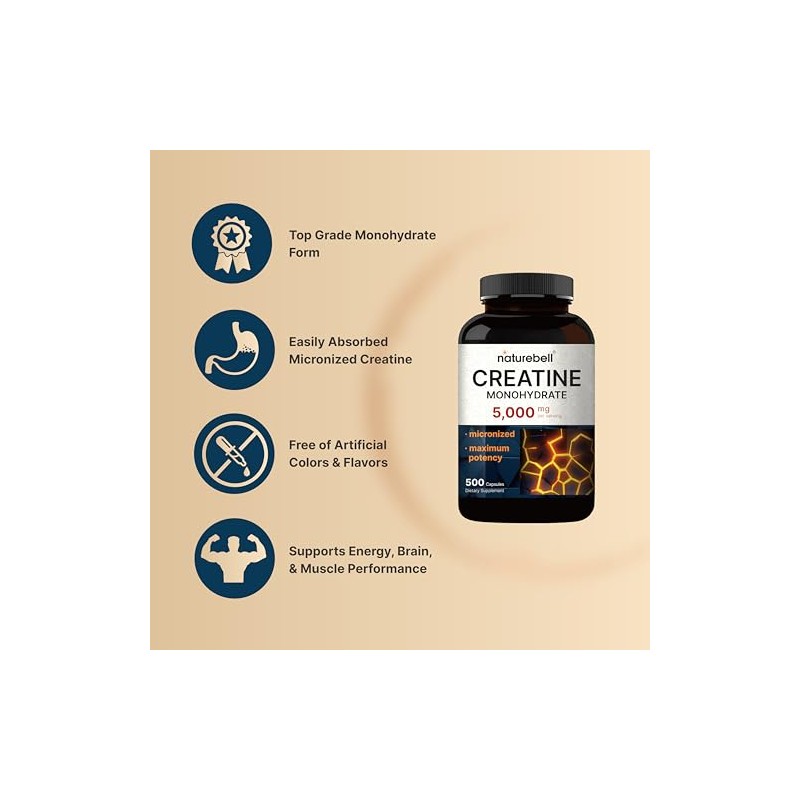 NatureBell Creatine Monohydrate Capsules 5,000mg Per Serving, 500 Count |