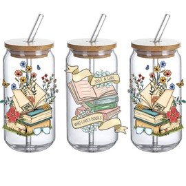 Love Book UV DTF Glass Cup Wrap Transfer - UVDTF Just A Girl Who Loves Books, Love Book Gift - Decal for 16oz Glass Cups, DIY Crafts Gifts for mom-3PCS