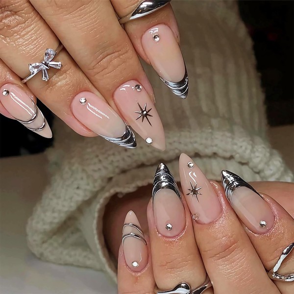 Moguri 24 Pieces Silver Press On Nails, Long, Almond Shape,