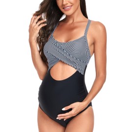 EastElegant Maternity Cutout One Piece Swimwear Front Cross Pregnancy Bathing Suit with Wrap Tie Back, Black Stripes, Large