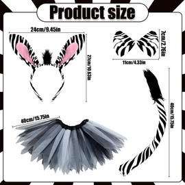 Jyeennar 4PCS Zebra Accessory Kit with Fluffy Ears Headband, Bowtie, Tail & Tutu Skirt for Kids, Animal Costume Accessories Kit for Carnival, Birthday Parties,Zoo Theme Parties