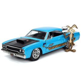 JADA Toys 1/24 Looney Tunes Plymouth Road Runner 1970 Blue Coyote Figure Included, Looney Tunes Wile E. Coyote Road Runner 32038