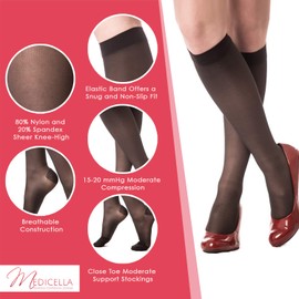 Medicella Calcetines de compresión de alta hasta la rodilla con punta cerrada 15-20 mmHg Calidad médica, Negro, L