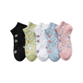 FORJMMP 5/10 Pairs Embroidered Floral Design Socks for Women Girls Combed Cotton Ankle Socks (5 Pairs-Colorful Flowers)