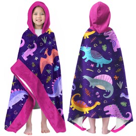 Dinosaur Girls Beach Towel with Hoodie for Kids Toddlers Age 8-12, Purple Bath Towels Shower Wrap for Girls, Large Hooded Beach Blanket for Pool Swimming Wearable Bath Towel for Child 35''x60''