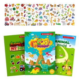 Mijradge Kids Sticker Book, 3 Pack Fun Travel Stickers, Farm, Wild Animals, Dinosaurs Themes, PVC Material, Multicolor, Animal Pattern, Reusable, 18 Stickers, Ages 3+, Outdoor Use, Sticker Book