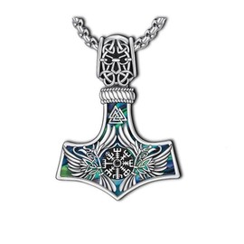 Thanches Thor Hammer Necklace for Women Men, S925 Sterling Silver Viking Mjolnir Necklace Pendant with Colorful Abalone Oxidize Norse Runes Amulet Jewelry Gift