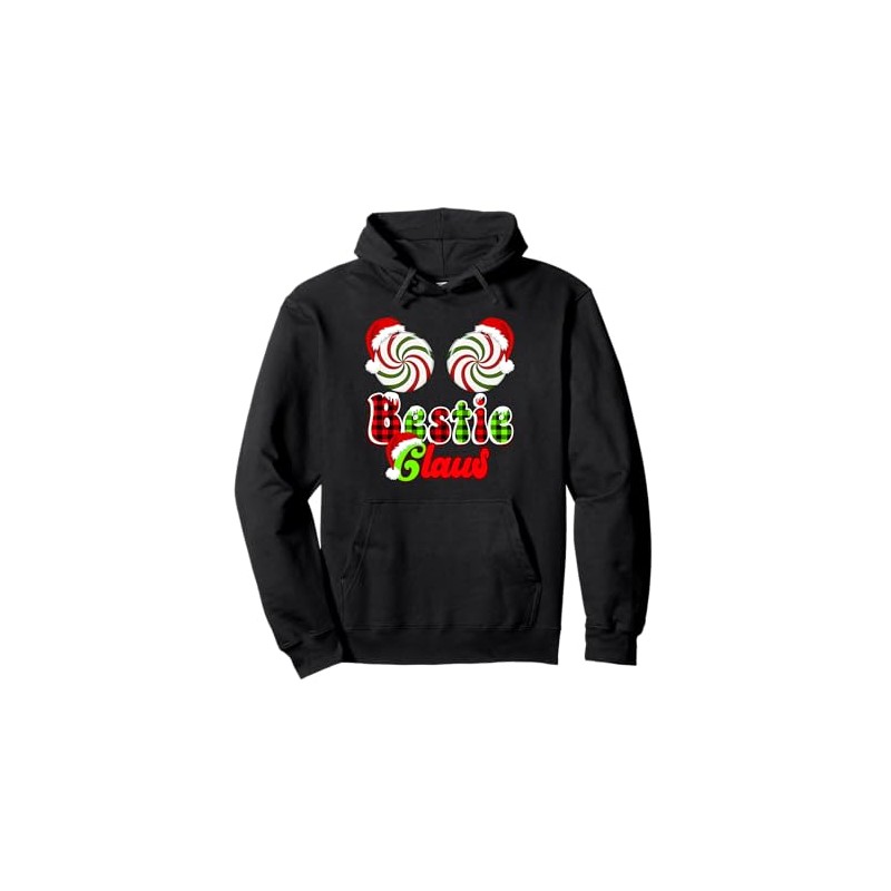 Bestie Claus Couples Peppermint Candy Cane Christmas Plaid Pullover Hoodie