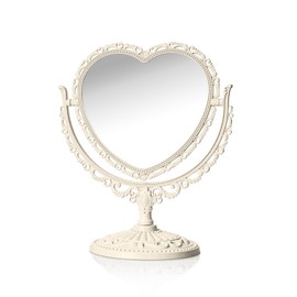 QEEYON Beige Heart Vanity Mirror 360 Degree Swivel Makeup Mirror Aesthetic Mirror Double Sided Table Desk Countertop Mirror Stand Cosmetic Mirror Dresser Bathroom Bedroom Mirror for Women Girls