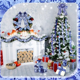 Lyrow 6 Rolls Christmas Chinoiserie Ribbon White and Blue Wired Edge Ribbon Floral Ribbon Butterfly Flower Pattern Fabric Craft Ribbons for Crafts Wreath Bow Wrapping 2.52 Inches by 5 Yards