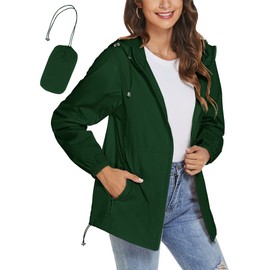 TCOT Womens Packable Zip Rain Jacket Lightweight Waterproof Drawstring Windbreaker Hooded Travel Raincoat Dark Green L