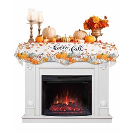 QueenKer Hello Fall Fireplace Mantel Scarf 90" x 17" Thanksgiving Orange Pumpkin Mantel Cover Runner Maple Leaves Mantel Shelf Top Scarf Runner for Holiday Living Room Home Decoration