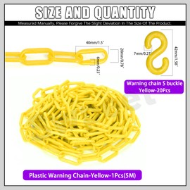 Swpeet 21Pcs 5M x 6mm Plastic Barrier Chain Yellow Plastic Safety Chain Plastic Chain Links with S- Hooks Plastic Chain Barrier Safety Barrier Chain for Fence, Parking, Crowd Control, Queue Line