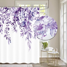 Tititex Purple Leaves Faux Linen Textured Shower Curtain, Watercolor Eucalyptus On The Top Plant Bathroom Decoration Shower Curtain Sets 72x72 Inch with Hooks