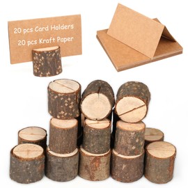 Wooden Card Holder, Pack of 20 Place Card Holders with 20 Pieces Kraft Paper Place Cards, Photo Holder Wood, Menu Card Holder for Weddings, Restaurants, Banquets, Party