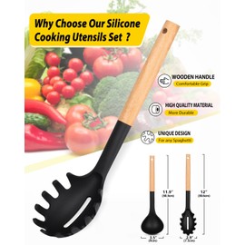Silicone Pasta Fork and Ladle Spoon Set with Wooden Handle, Heat Resistant Non Stick Kitchen Utensils for Cooking, Stirring, Serving Spaghetti, Soup, Sauce(BLACK)