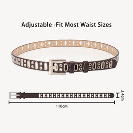 JAMAKALA Women Fashion Leather Belt, Metal Punk Studded Belt, Studded Rivet Double Grommet Belt for Women Men (Coffee, 43'')