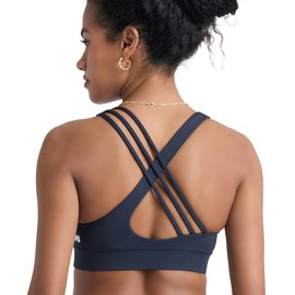 POPSUGAR Sports Bra for Women, Criss-Cross Back Padded Strappy Yoga Bra Workout Tops with Medium Support and Removable Cups Black Night, Small