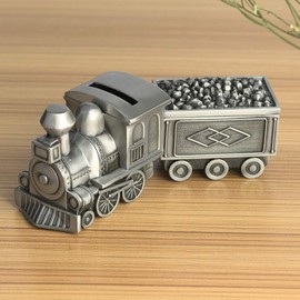 Hapivida Train Money Box, Retro Silver Plated Piggy Bank Cash Can with 2 Carriages Tooth and Curling Box for Baby Christening Gift