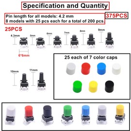 HAXIHA 375 Pieces 6 x 6 mm Tactile Push Button Switch Miniature Micro Button Tactile Push Button Switch Miniature/Mini (4 Pin) with Button Caps of 7 Colours