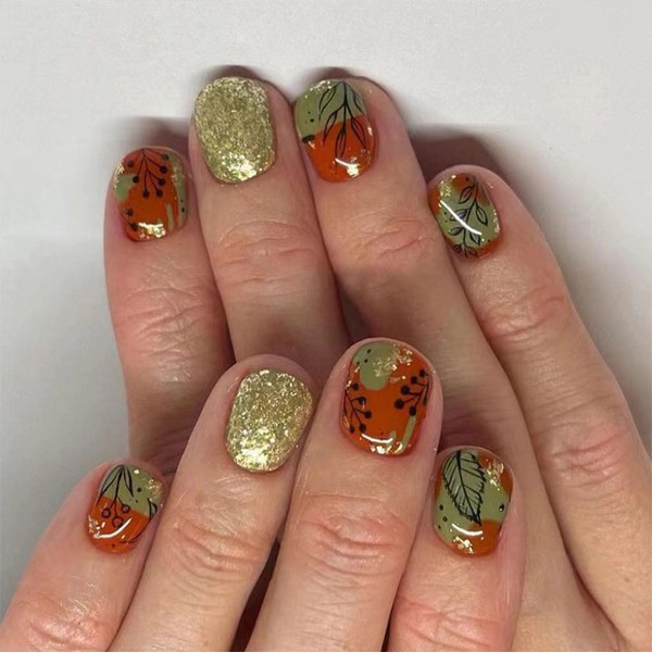 Thanksgiving Nails Short Press on Nails Spuare Fall Winter Fallen