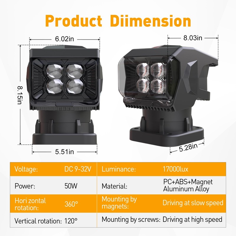 BORDAN Remote Control LED Spotlight for Trucks, 50W Outdoor Searchlight,