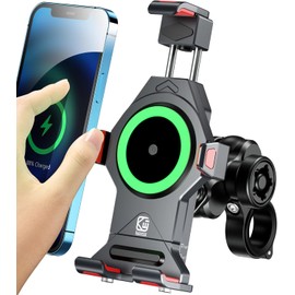 BRCOVAN Aluminum Alloy Motorcycle Phone Mount with Qi 15W Wireless Charger | with Vibration Dampener, Waterproof Anti-Theft Motorcycle Handlebar Cellphone Holder, Adjustable Fit 4.7''-7.2'' Smartphones