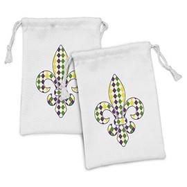 Ambesonne Mardi Gras Fabric Pouch Set of 2, Fleur De Lis with Traditional Festival Pattern Venetian Vintage, Small Drawstring Bag for Toiletries Masks and Favors, 9" x 6", Purple Green Yellow