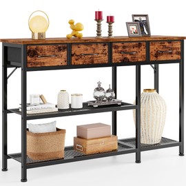 Furnulem Entryway Table 47'' Sofa Console Table with 4 Fabric Drawers, Industrial Entry Way Shoe Rack with Metal Mesh Shelf for Front Door, Foyer Wooden Top, Sturdy Metal Frame, Rustic Brown