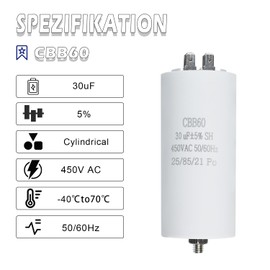 Iruihoo CBB60 Motor Capacitor 30µF 450V Capacitor 50/60Hz Starting Capacitor 30UF Motor Run Capacitor Plug M8 for Electric Motor Capacitor